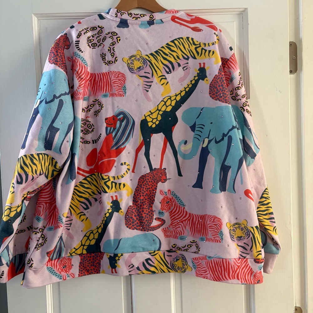 QUEEN OF SPARKLES Multicolor Animal Jungle Print Sweatshirt Gemstones Sparkly L - Picture 9 of 15